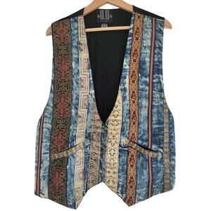 DD Designs Vest Vintage Denim Blue Jean Western Stripe Patchwork Button Vest